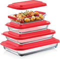 Pexo 8 Piece Glass Baking Dish Set with Plastic Lids, With Silicone Handles for Easy Grip (1.06QT, 1.69QT, 2.32QT, 3.17QT), Clear Glass Casserole Dishes for Oven, Airtight Lids, Glass Bakeware, Freezer, Oven, and Dishwasher safe (Red)