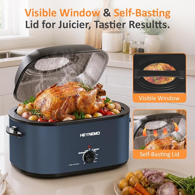30 Quart Large Turkey Roaster with Defrost & Warm Functions, Electric Roaster Oven with Visible Self-Basting Lid, Adjustable Temperature Control, Removable Pan & Rack, Stainless Steel, Blue