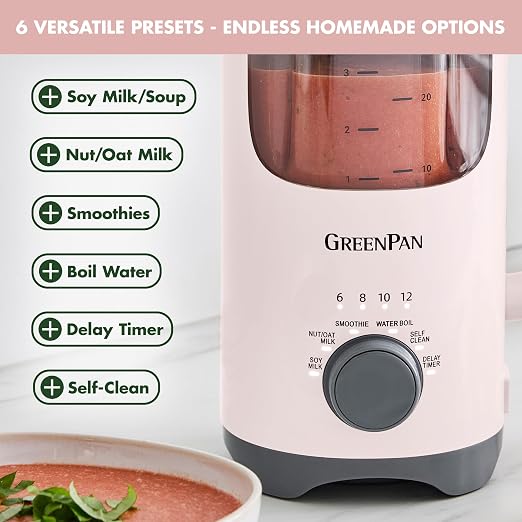 GreenPan 30oz Nut Milk Maker Machine, 15-in-1 for Homemade Almond, Oat, Soy, Coconut, Plant-Based Non-Dairy Beverages, Soups, BPA-Free Glass, Automatic Self-Clean, Delay Start, Pink