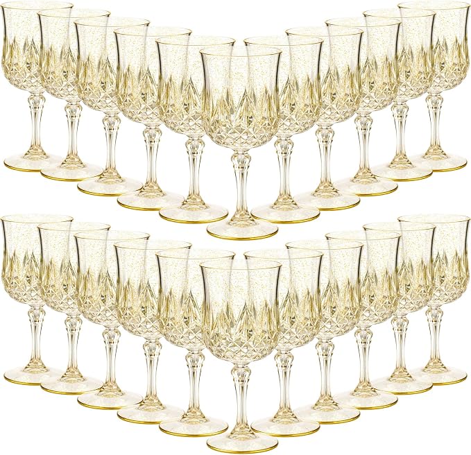 Sliner 48 Pcs 7oz Plastic Vintage Wine Glasses Drinking Goblets Unbreakable Crystal Water Glassware Reusable Diamond Champagne Flutes Cups for Wedding Banquet Birthday Party Supplies (Gold Glitter)