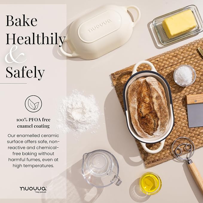 Dutch Oven For Sourdough Bread Baking – Enamelled Cast Iron Bread Loaf Pot – Oven Safe Non Stick Bread Pot – Rectangular, Cream, 24cm x 16cm – by Nuovva