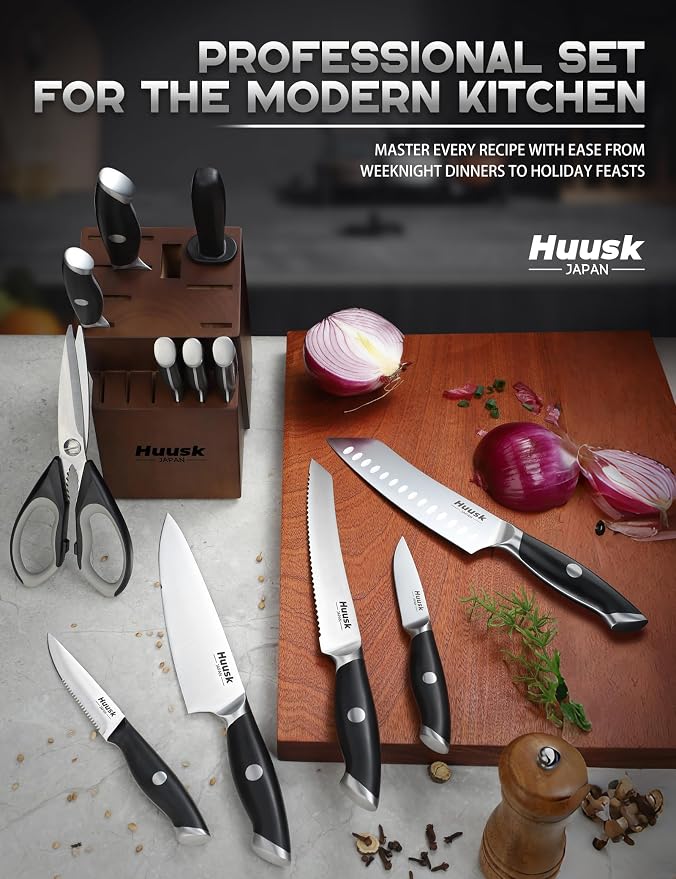 Huusk Knife Block Set - 14 Pieces Full Tang Japanese Kitchen Knives with Long-Lasting Edge & Natural Acacia Wood Block Ergonomic Knife Set as Elegant Gift for Men Women