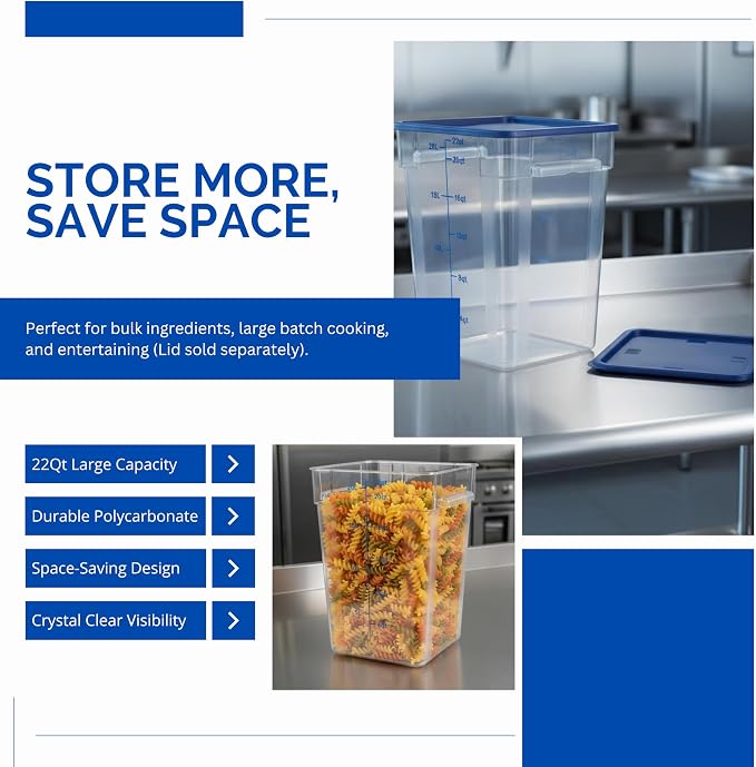FSE 373-FC22C Food Container, 22 Qt Square Clear Storage Container with Measurement Markings, Stackable Space-Saving Design, Durable Construction, NSF, Lid Sold Separately