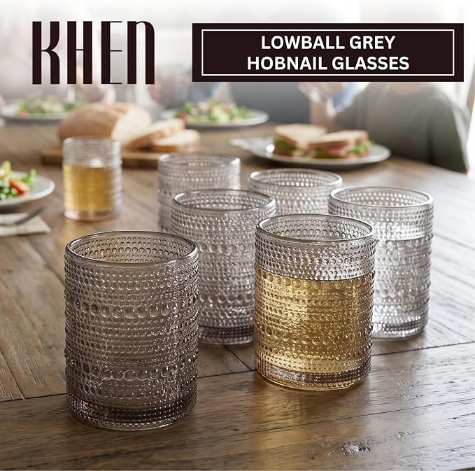 Khen Beaded Tumbler Drinking Glasses Set | Set of 6 | Vintage Hobnail 11 OZ Bubble Design Whiskey Glassware, Old-Fashioned, Embossed Design Glass for Water, Wine, Cocktail HAND WASH ONLY (Grey)