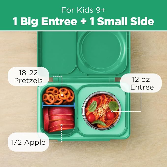 Omie OmieBox UP bento Box for Kids | Insulated Lunch Box | Leak Proof Vacuum Insulated Thermal Food jar | Cooler ice Pack | 2 Compartments (Jade Green)