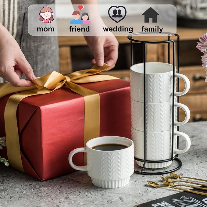 Miamolo Stackable Coffee Mugs Set of 4 with Spoons & Stand | 13oz, Ceramic, for Drinks Espresso Latte Cappuccino Tea, for Housewarming Birthday Gift, Dishwasher Safe, Farmhouse Style