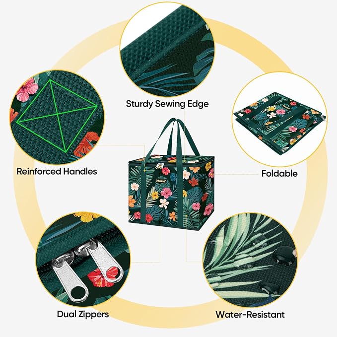 BALEINE 1Pk Insulated Reusable Grocery Bags, Foldable Shopping Bags for Groceries with Reinforced Bottom & Handles (Blossom Season)