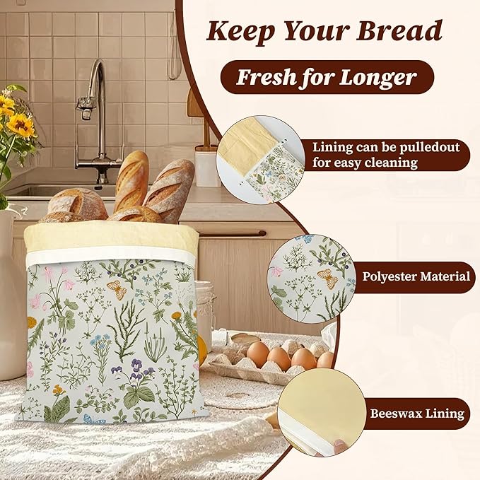 Bread Bags for Homemade Bread- Herbs Wild Flowers Vintage Botanical 2 Pack Linen and Beeswax Sourdough Storage Bags, Reusable Keeper, Keeps Breads Fresh Longer, Gifts for Bakers