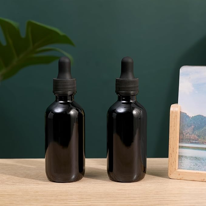 NOOEEISS 2oz Glass Dropper Bottle,Preety Texture Tincture Bottles with Precise Scales Eye Droppe,for All Kinds Of Mixed Liquids,Leak-Proof Design for Easy Travel (Black-48Pack)