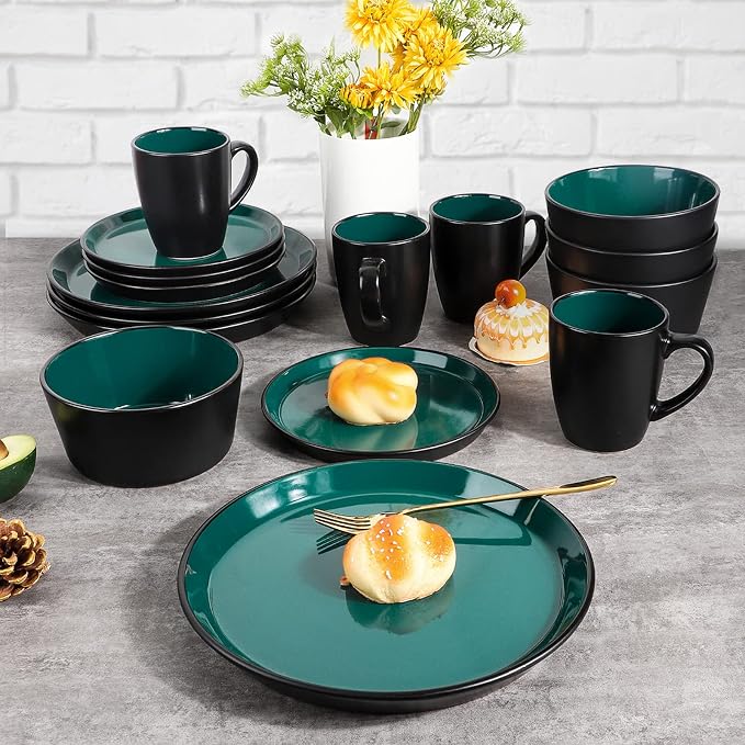 Plates and Bowls Sets, 16 Pieces Dinnerware Sets, Dishes Set for 4, Christmas, Kitchen Set is Home Essentials, Dark Green & Black
