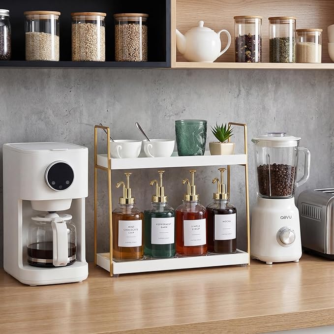 Leinuosen Coffee Bar Accessories, 2 Tier Wooden Cup Organizer Station and 4 Coffee Syrup Dispenser, 16.9 oz 500ml Glass Syrup Dispenser with 36 Labels and 1 Silicone Funnel(Gold)