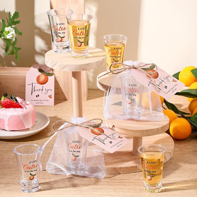 Pickmesh 25 Sets Little Cutie Baby Shower Shot Glasses for Guests Include Little Cutie Is on The Way Acrylic Shot Glasses Oranges Cards Bags for Gender Reveal Orange Theme Tangerine Party Supplies