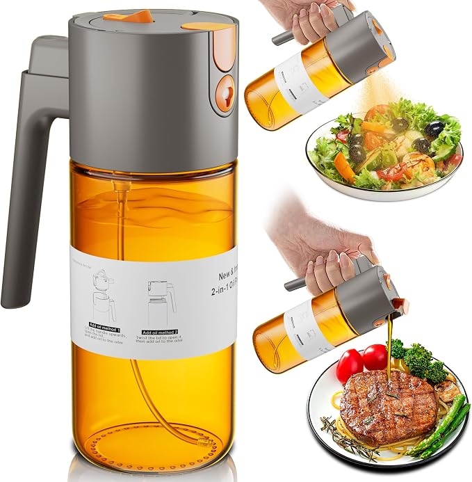 LAKUMIQI 2 in 1 Oil Sprayer for Cooking, 17oz Light-Blocking Glass Spray Bottle with Stickers, Oil Dispenser for Salad, Air Fryer & BBQ