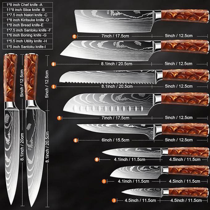 10-Piece Premium Japanese Kitchen Knife Set - Star Collection, Laser Damascus Pattern, 440A Stainless Steel Ultra Sharp for Fast Cutting (Red)