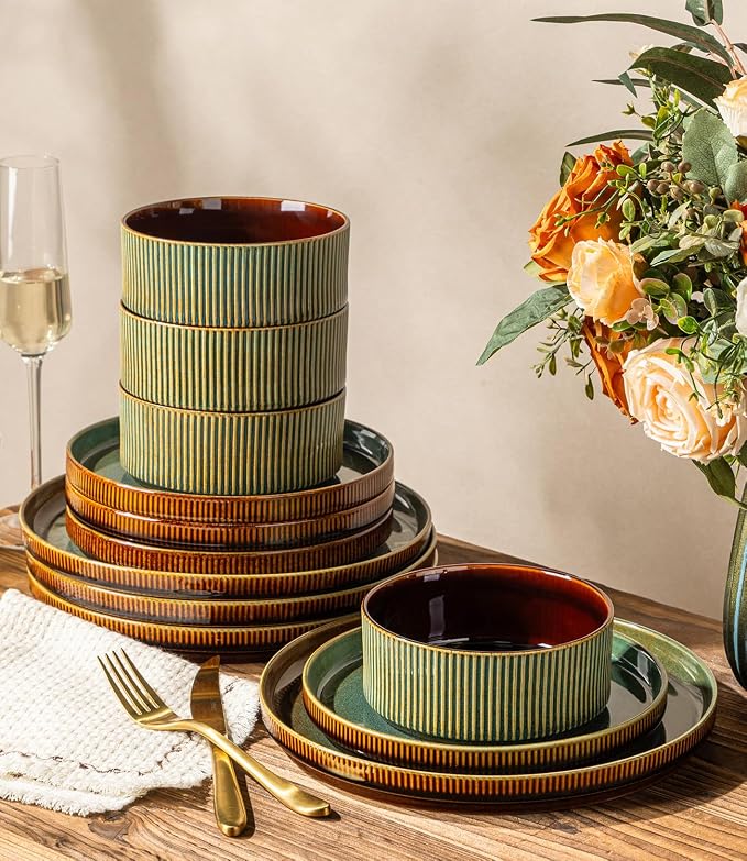 GBHOME Stoneware Dinnerware Sets for 4, 12 Pieces Lightweight Ceramic Ribbed Plates and Bowls Set, Reactive Glaze Stackable Plate Sets,Scratch Resistant Dishes,Microwave & Dishwasher Safe,Maroon Olive
