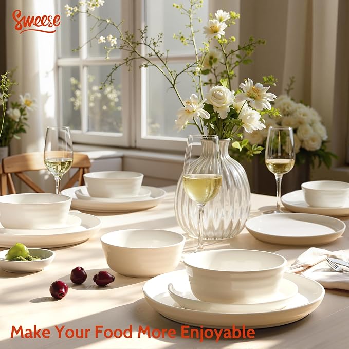 Sweese Plates and Bowls Sets,18 Pieces Modern Porcelain Dinnerware Set for 6 Handcrafted Uniqe Dinner Set Ceramic Dishware Dishes Microwave and Dishwasher Safe, White
