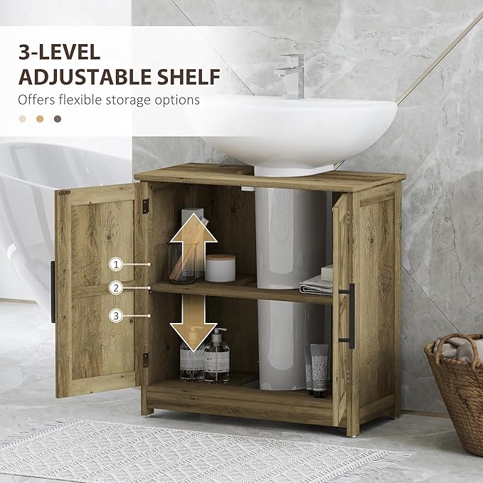 HOMCOM Pedestal Sink Storage Cabinet, Farmhouse Freestanding Bathroom Sink Cabinet with 2 Barn Doors and Adjustable Shelf, Distressed Light Gray