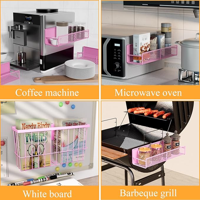 DTUQYX 6 Pack Magnetic Shelves for Washing Machine, Magnetic Spice Rack Organizer for Refrigerator, Magnetic Shelf with Hanger Organizer, Metal Magnetic Basket, Laundry Organization and Storage, Pink