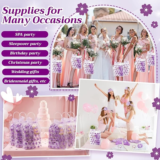 Vesici 73 Pcs Spa Sleepover Party Supplies Bulk Women 8 Sets Slumber Birthday Bridesmaid Gift Crochet Flower Glass Cup Eye Mask Hair Ties Gift Bag Bracelets Scrunchies Headband(Cherry Blossoms,Purple)