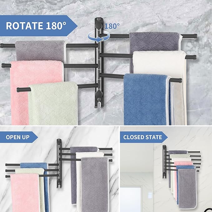 Swivel Towel Rack, 12.6 Inch Towel Bar with Wall Mounted 180° Rotation, 6 Arms Towel Hanger SUS 304 Stainless Steel, Space Saving for Kitchen, Bathroom, Outdoor, Dark Grey