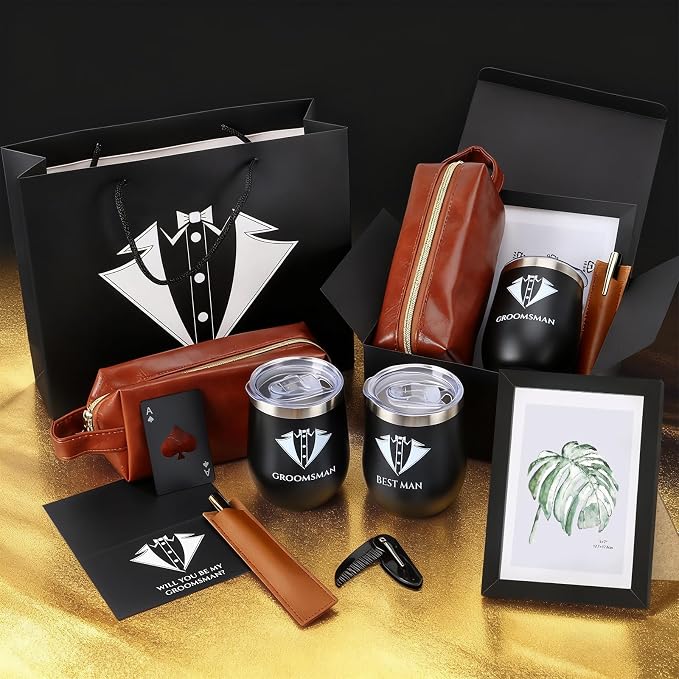 80PcsGroomsmen Proposal Gift of 8 Sets with 12OZ Wine Tumbler PU Leather Toiletry Bag Photo Frame Bottle Opener Pens with Exquisite Package for Wedding Groomsman Best Man Gift (8 set)