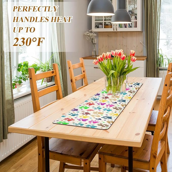 2 in 1 Table Runner Trivet for Hot Pots and Pans Heat Resistant Non Slip Waterproof 39 x 12 Inch Decorative Table Protector for Kitchen Countertop Colorful Paw Prints and Stars