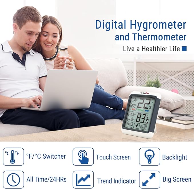 TempPro TP55 Digital Indoor Hygrometer Thermometer, 4-Inch Temperature/Humidity Monitor with Touchscreen and Backlit, Room Thermometer/Humidity Meter for House Home Greenhouse (Previously ThermoPro)