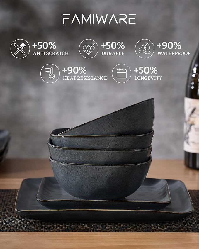 Famiware Dinnerware Sets for 4, Ocean Square 12-Piece Kitchen Plates and Bowls Sets, Microwave and Dishwasher Safe, Scratch Resistant, Matte Dark Charcoal