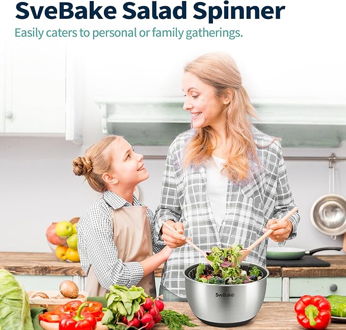 Stainless Steel Salad Spinner, 4.8 Qt Vegetable Washer, BPA-Free Lettuce Dryer with Crank Design, Dishwasher Safe, Non-Slip Base - Black Lid