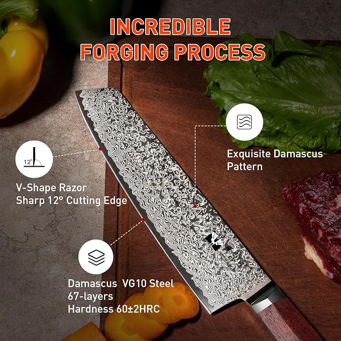 Kiritsuke Damascus Chef Knife 8 inch Kitchen VG-10 Damascus Super Steel 67-Layer Razor Sharp Kiritsuke Knife with Natural Wood Handle Exquisite Box for Home and Restaurant