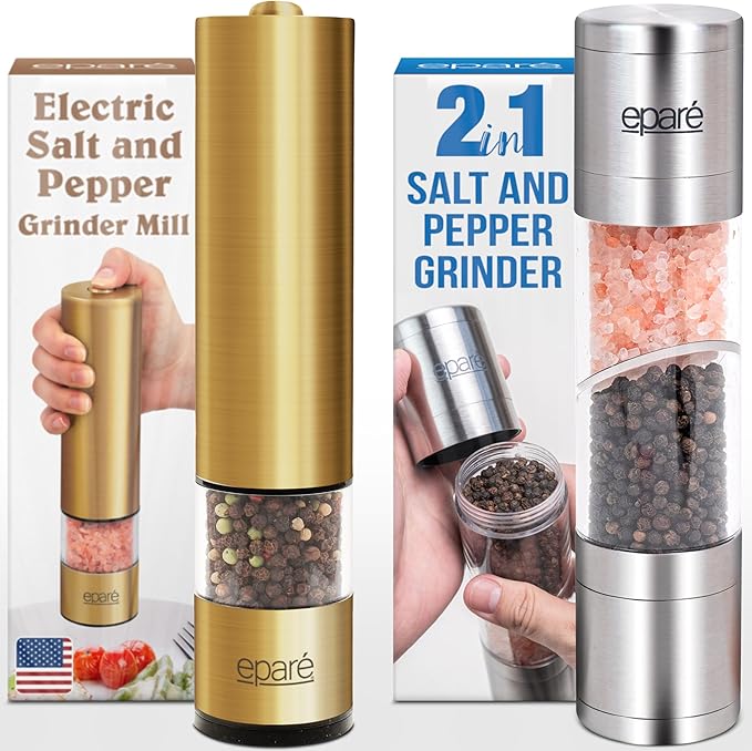 Eparé Gold Salt or Pepper Grinder & 2 in 1 Salt & Pepper Grinder - Battery Operated Brass Ceramic Burr Peppermill & Space Saver Dual Mill Grinders