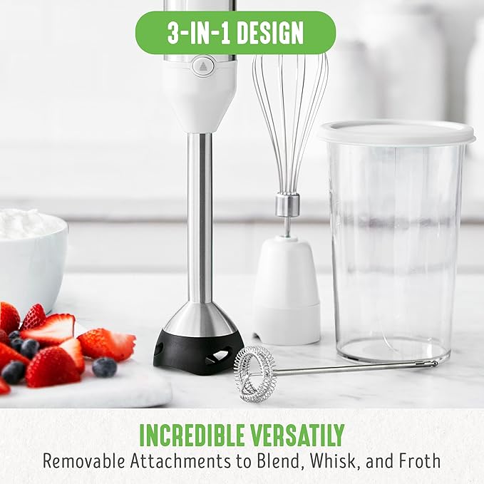 GreenLife 500-Watt Immersion Electric Handheld Stick Blender with Stainless Steel Blades, Whisk, Frother, Measuring Cup and Lid, Soups, Puree, Cake, Multi-Speed Control, Portable, White