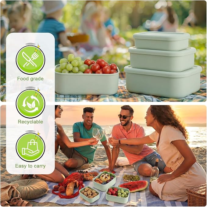 Blushtier 2 Sets of 6 Silicone Food Storage Containers, Reusable Lunch Bento Box with Lid, Hard Shell Storage Containers, Microwave Dishwasher Freezer Safe, 10 oz, 23.6 oz, 44 Ounce(Sage Green)