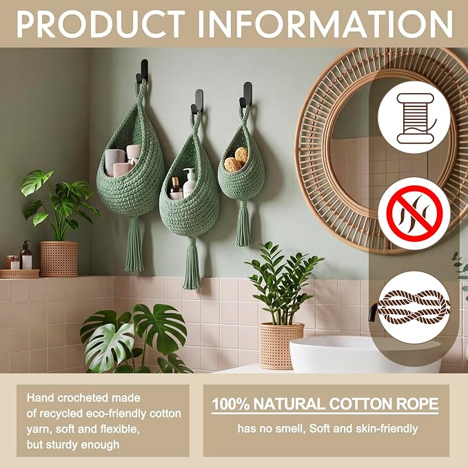 Honeydak Boho Decor Hanging Wall Baskets for Kitchen 3 Pack Teardrop Baskets with Hooks Storage Fruit Onion Vegetable Potato for Home 3 Sizes (Sage Green,Tassel,Cotton Rope)