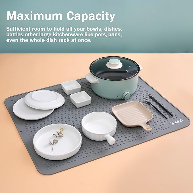 Extra Large 30 x 24 Inch Silicone Dish Drying Mat for Dish Drying Rack, Easy Clean Silicone Drying Mat for Kitchen Counter, Non-Slip Dish Drain Matt, Heat Resistant Silicon Dish Mat, Gray, SAPID