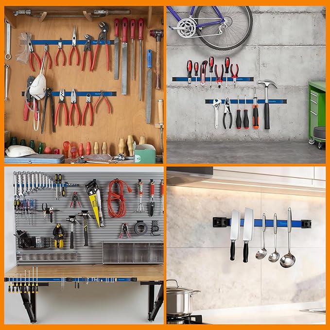 12" Magnetic Tool Holder Strip, 4 Pieces Blue Metal Tool Organizer Rack with Stainless Steel Surface, Magnet Bar for Garage Workshop, Easy To Install with Mounting Screws