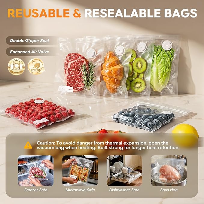 Reusable Vacuum Sealer Bags for Food – 30 BPA-Free Medium (10 × 11in) with Food Storage Bags, Freezer Microwave Safe – Odor Resistant, Leak-Proof – Compatible with Compact Vacuum Sealer