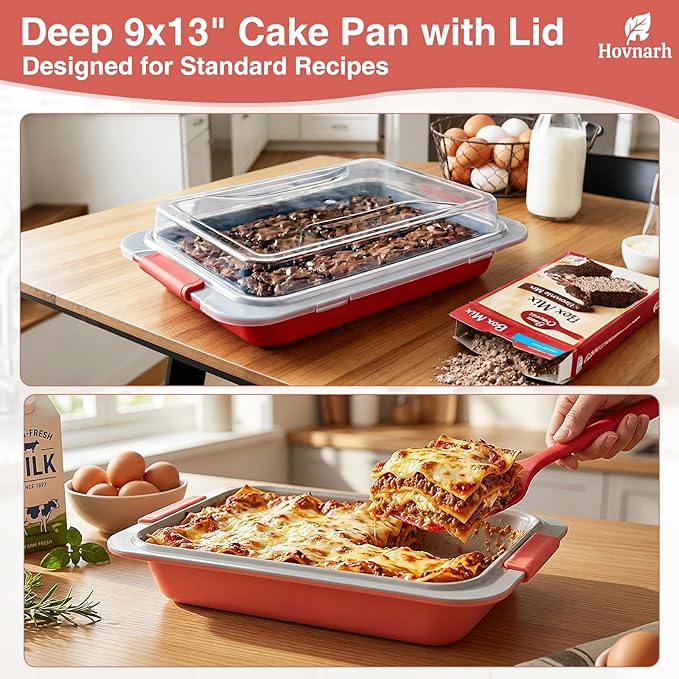 9x13 Baking Pan with Lid, Deep Nonstick Covered Cake Pan for RV & Convection Oven, Heavy Duty Warp-Resistant Pan with Silicone Handles, Snap-On Cover for Meal Prep, Storage, Transport (Coral Red)