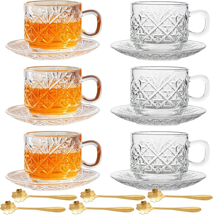Atarvana 6 Pack Glass Tea Cups and Saucers Set with Spoons, Glazeal Stackable 5.41oz/160ml Heat-Resistant Espresso Cups, Transparent Tea Glass for Cappuccino, Latte, Cafe and Home Kitchen Use