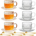 Atarvana 6 Pack Glass Tea Cups and Saucers Set with Spoons, Glazeal Stackable 5.41oz/160ml Heat-Resistant Espresso Cups, Transparent Tea Glass for Cappuccino, Latte, Cafe and Home Kitchen Use