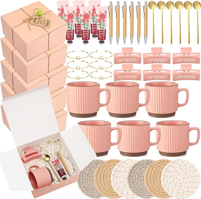 Reallnaive 61 Pcs Baby Shower Prizes for Game Winners Include Ceramic Mug Coaster Hand Cream Pen Spoon Bracelet Hair Clip Card Gift Box with Raffia for Guests Gender Reveal Bridal Shower Party(Pink)