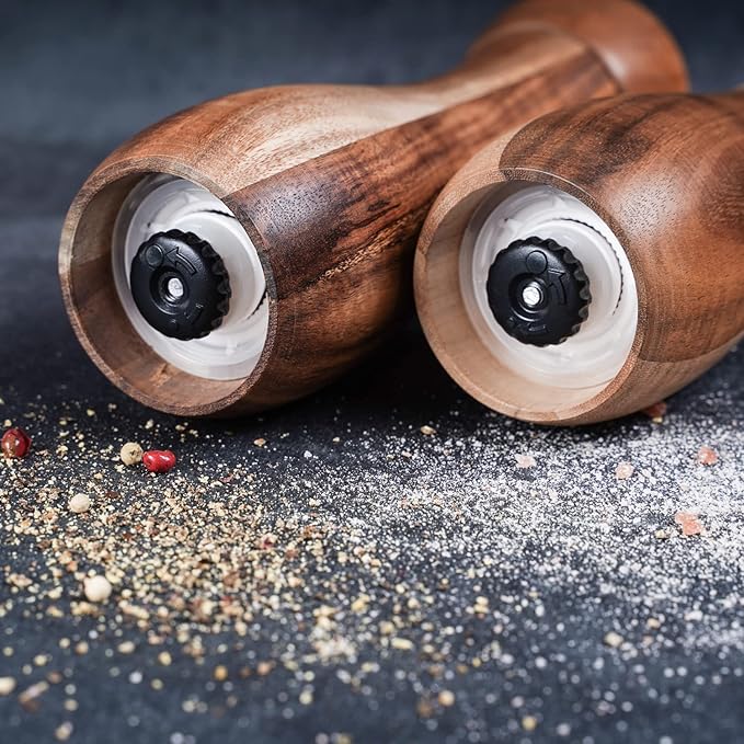 Salt and Pepper Grinder Set with Mill Tray, Set of 2 Salt and Pepper Mill with Ceramic Grinder Acacia Wood, Height 20.5 cm, Dia 6 cm
