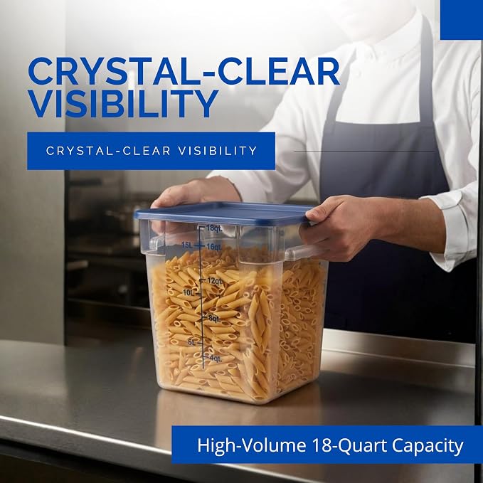 FSE 373-FCWL-18QT Food Container, 18 Qt Square Clear Storage Container with Measurement Markings, Stackable Space-Saving Design, Durable Construction, NSF