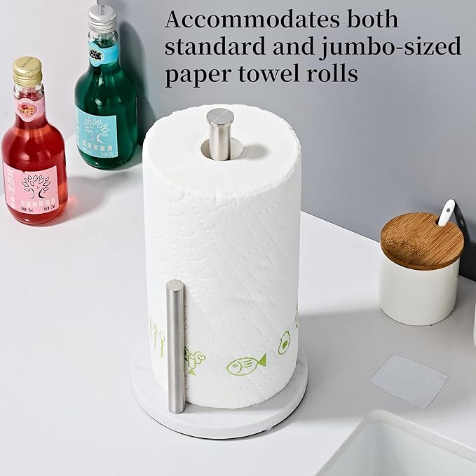 Brushed Nickel Paper Towel Holder,Stainless Steel Paper Towel Holder for Kitchen Roll Organize, Standard or Jumbo-Sized Roll Paper, Countertop Roll Dispenser with Marble Base