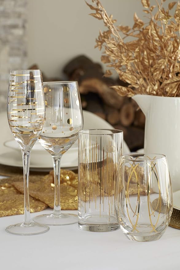 Mikasa 'Cheers' Etched Crystal Highball Cocktail Glasses, 470 ml – Gold Effect (Set of 4)