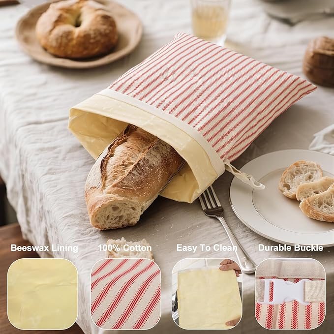 Reusable Beeswax Bread Bags for Homemade Bread & Sourdough, 2-Pack XL Airtight Food Storage Bags, Organic Cotton Linen Covers - Freezer-Friendly Freshness Preservation Keeps Fresh Longer