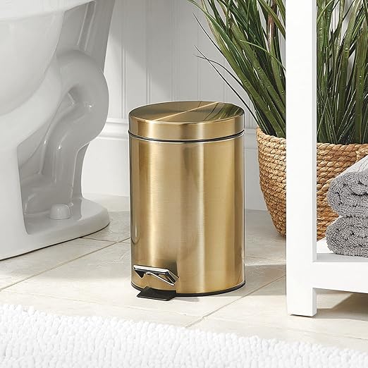 mDesign Tall 3.2 Gallon/12 Liter Round Metal Step Trash Can Wastebasket, Garbage Container Bin fo Kitchen, Bathroom, Home - Removable Liner Bucket - Soft Brass