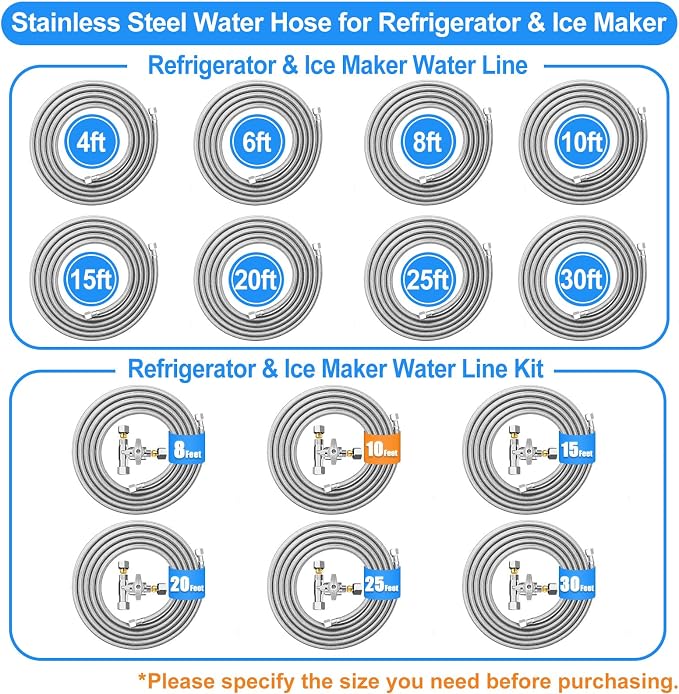 25 FT Premium Stainless Steel Braided Ice Maker Water Hose + 10 FT Refrigerator Water Line Kit with 3/8"- 1/4"- 3/8" Tee Stop Valve for Most Brands and Models Refrigerator