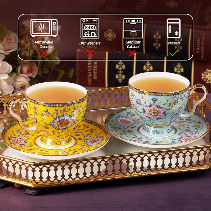 KAMMAK Tea Cups and Saucers Set of 2, Porcelain Coffee Cups, 7.4oz Stackable Espresso Mugs, Ceramic Demitasse for Coffee, Latte, Americano, Tea (641N+642N)