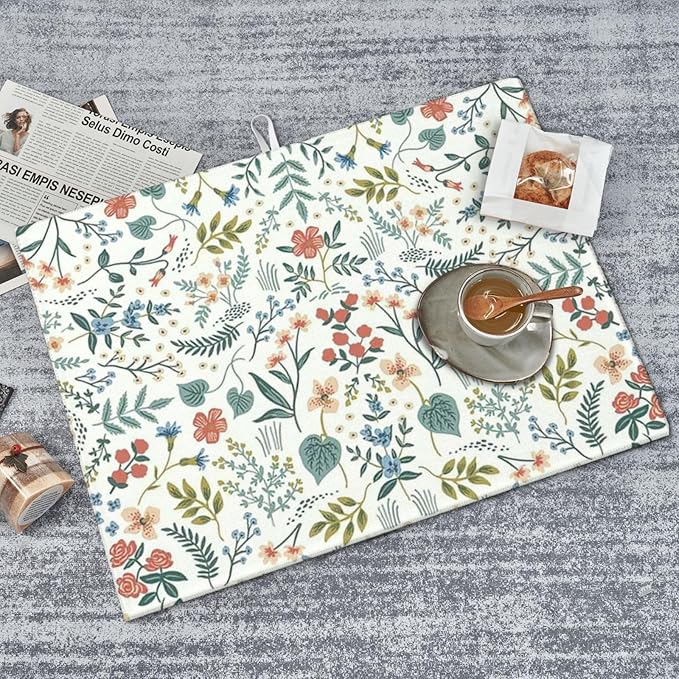 2Pcs Dish Drying Mats Faucet Mats Sets Large Size Coffee Mats Sink Faucet Mat Splash Guard for Kitchen Counter Bathroom Sink Coffee Bar Kitchen Decor (Wildflowers 1, 18"x24" 15" x 5.5"Set)